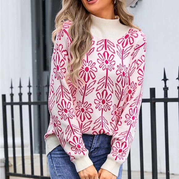 Flower Turtleneck Long Sleeve Sweater pink - Picture 2 of 9